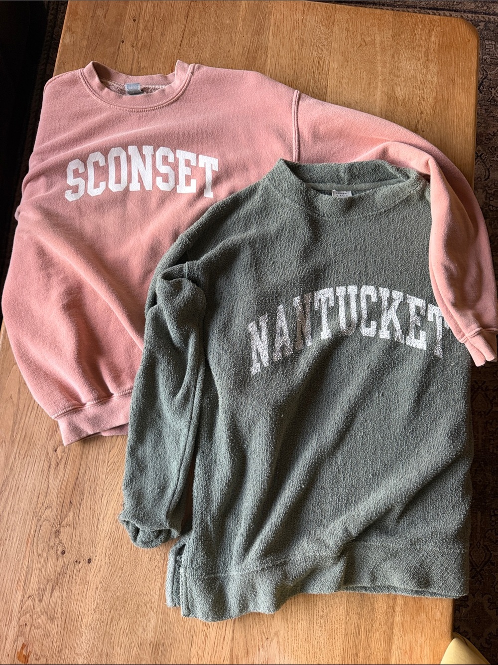 Nantucket Olive Green and Sconset Pink Town Crewneck Sweaters